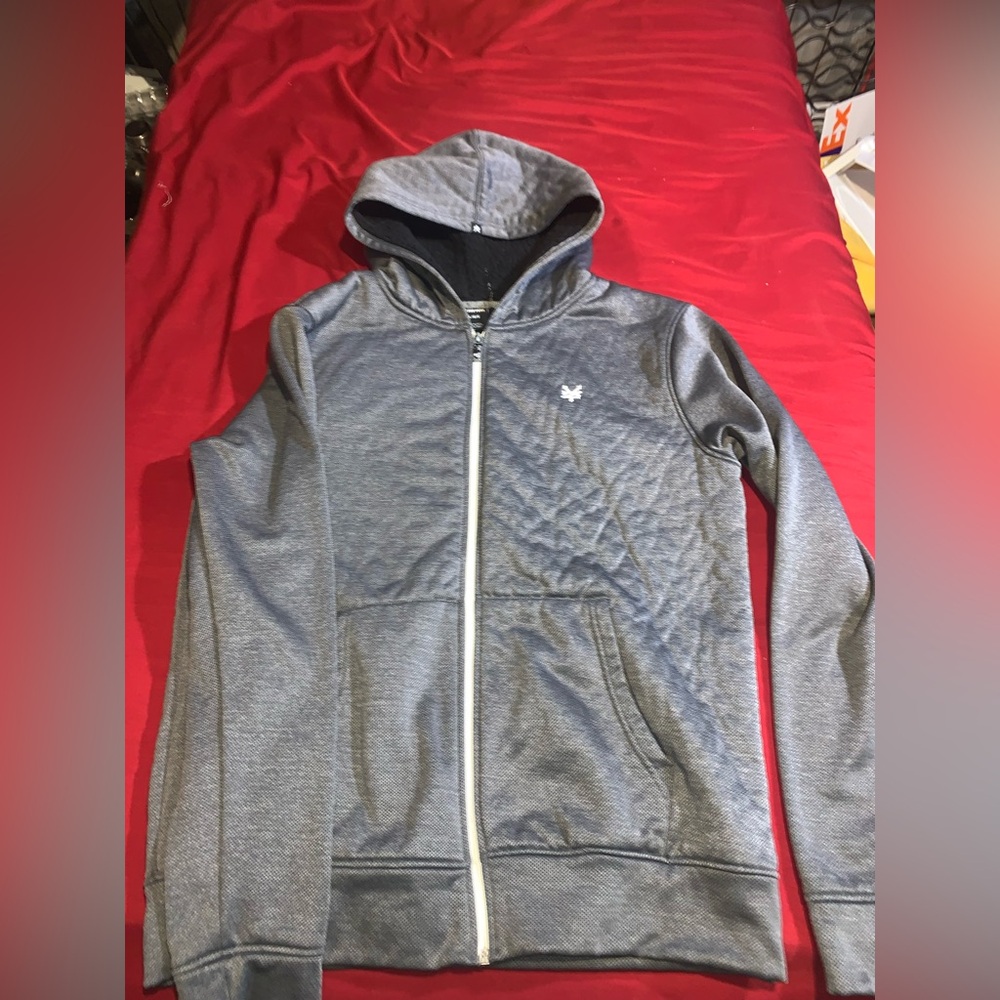 Men's Gray Zoo York Sherpa Hoodie Jacket Zip Up; size Large - used No Drawstring